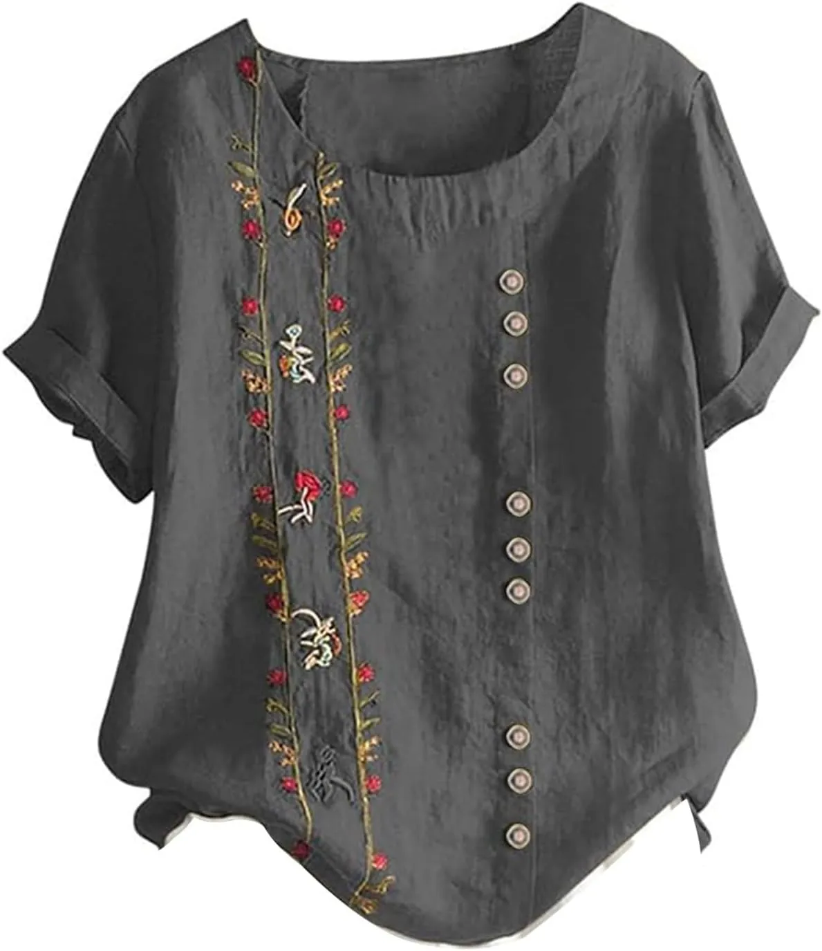 Linen Button-Down Shirt for Women - Floral Embroidered Short Sleeve, Lightweight & Airy, Beach to Office Wear