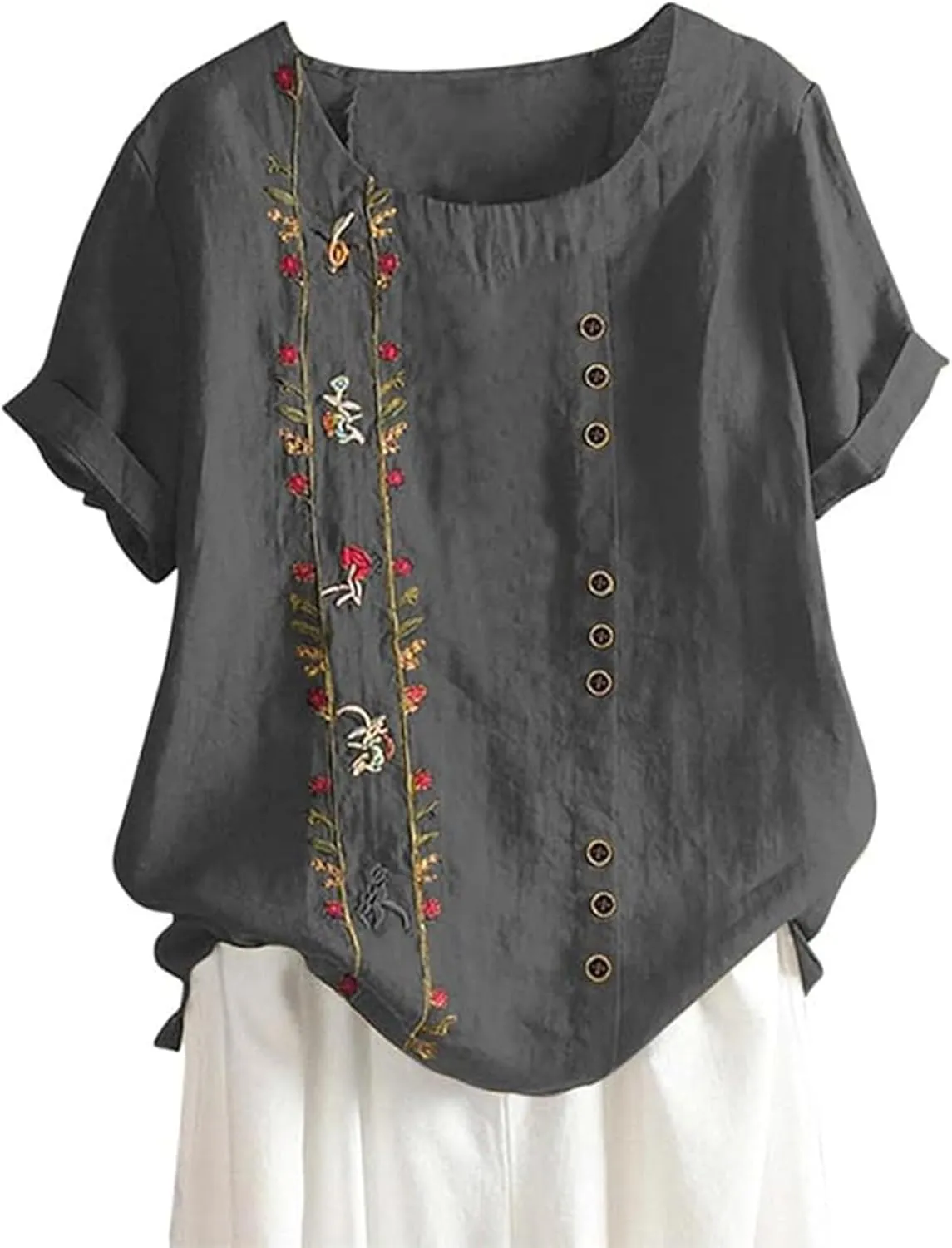 Linen Button-Down Shirt for Women - Floral Embroidered Short Sleeve, Lightweight & Airy, Beach to Office Wear