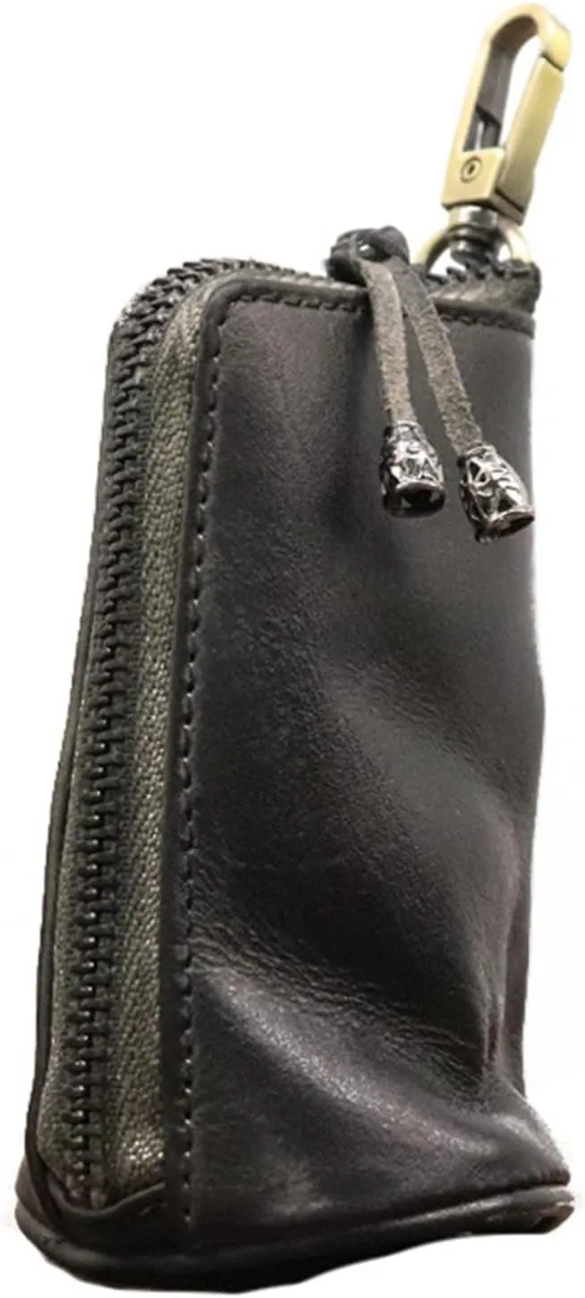 Medieval Leather Zipper Coin Pouch - Genuine Cowhide, Handcrafted，Coin Organizer, Change Holder，Keychain Coin Purse for Men & Women (Black)