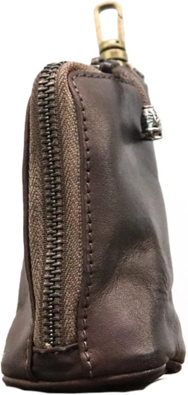 Medieval Leather Zipper Coin Pouch - Genuine Cowhide, Handcrafted，Coin Organizer, Change Holder，Keychain Coin Purse for Men & Women (Coffee)