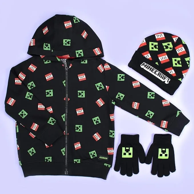 Minecraft - Hat & Gloves Set, Ages 6-12 - Cold Weather Accessories - Knitted Gloves Kids - for Children - Official Merchandise - Ideal Fanatics