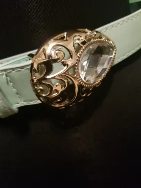 Mint Green Patent Leather Belt with Large Gold Encrusted Belt with Center Clear Stone