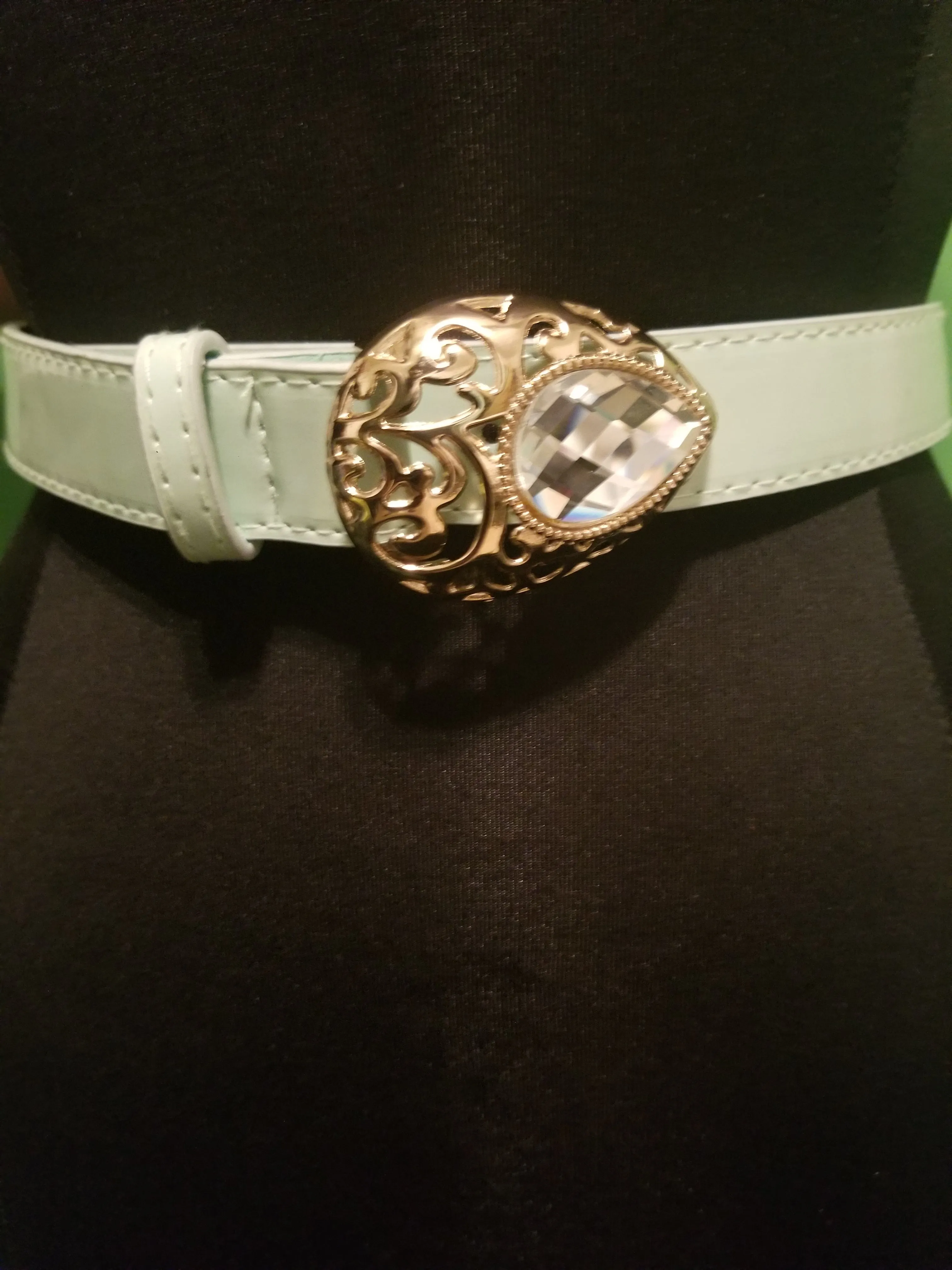 Mint Green Patent Leather Belt with Large Gold Encrusted Belt with Center Clear Stone