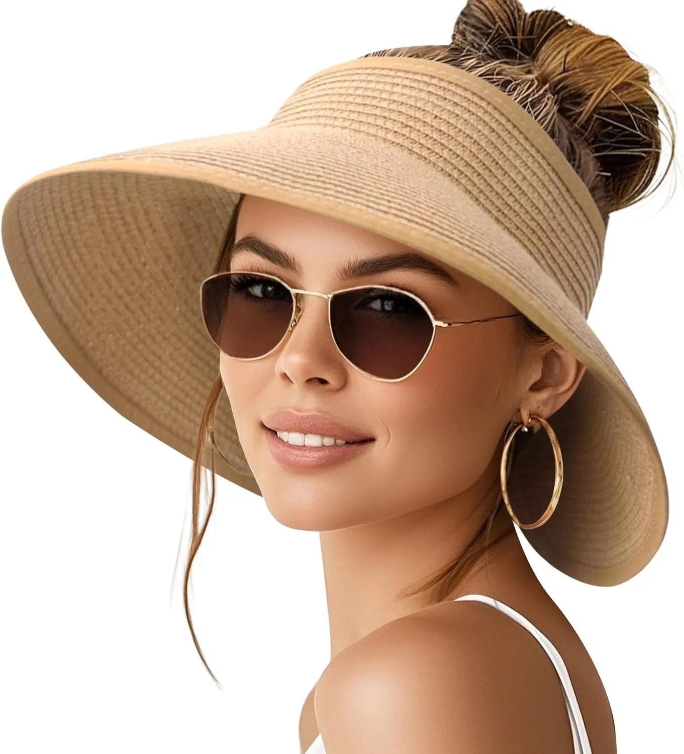 NPQQUAN Sun Visor Hats for Women Wide Brim Ponytail Straw Beach Hat Packable Foldable UPF 50  Floppy Travel Hats