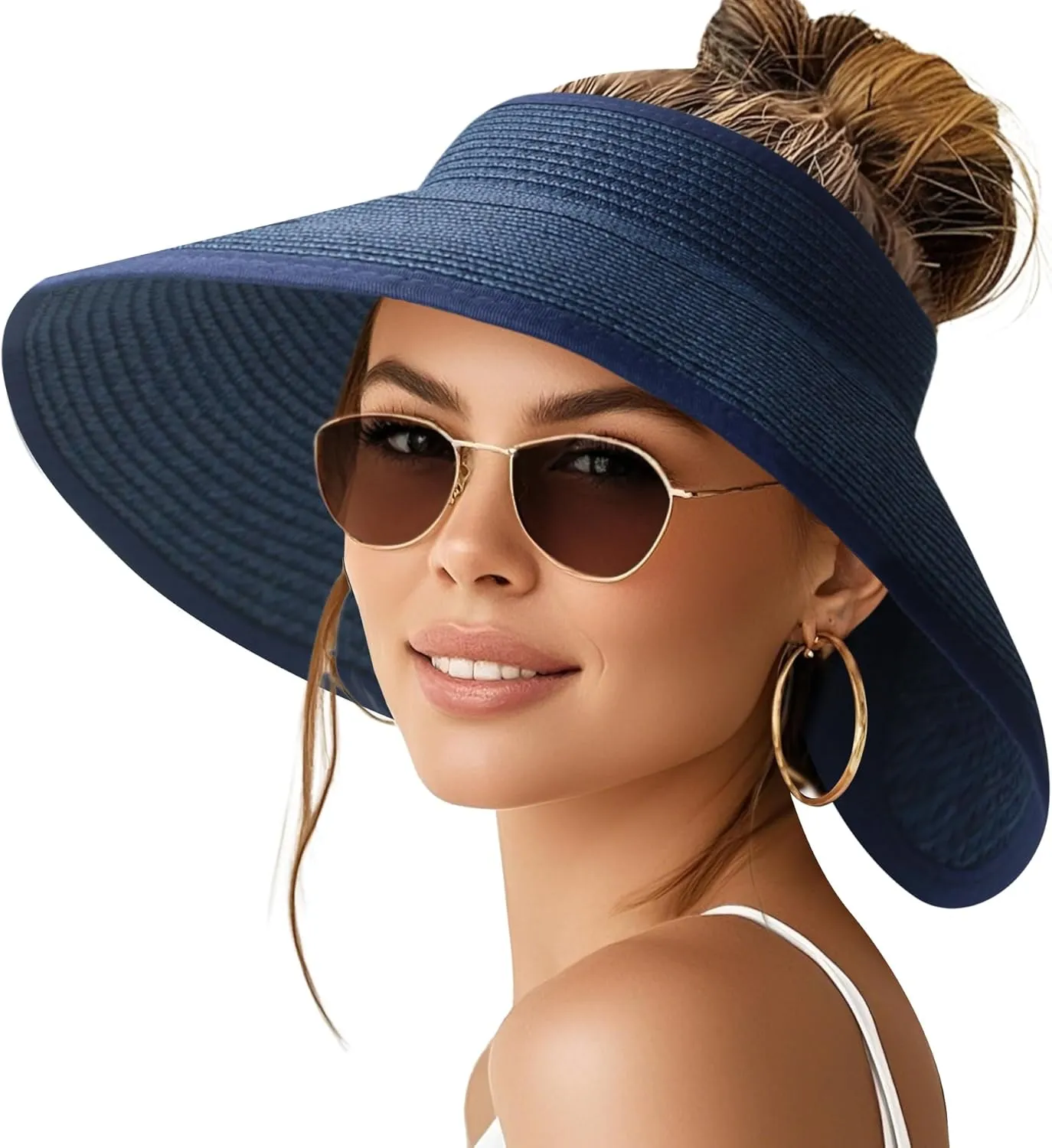NPQQUAN Sun Visor Hats for Women Wide Brim Ponytail Straw Beach Hat Packable Foldable UPF 50  Floppy Travel Hats