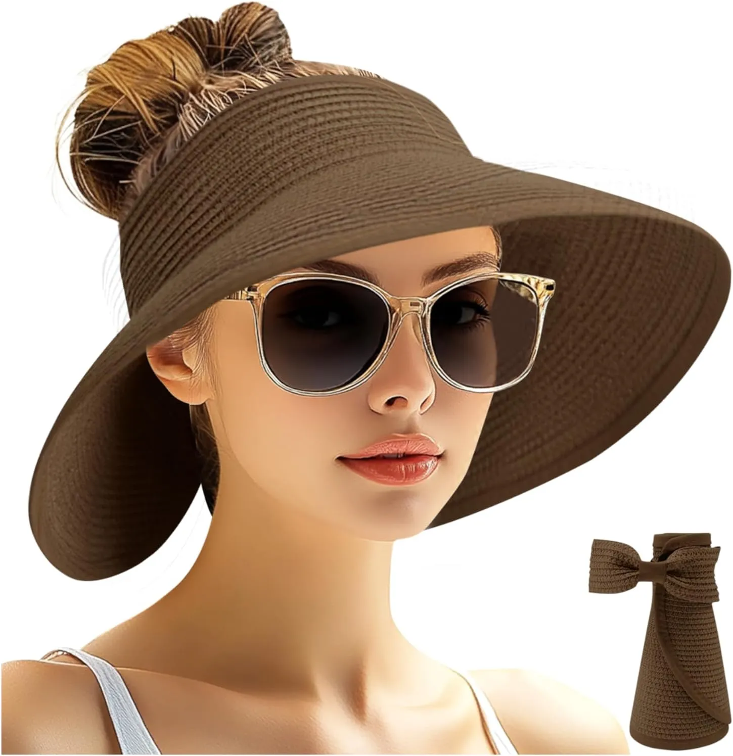 NPQQUAN Sun Visor Hats for Women Wide Brim Ponytail Straw Beach Hat Packable Foldable UPF 50  Floppy Travel Hats