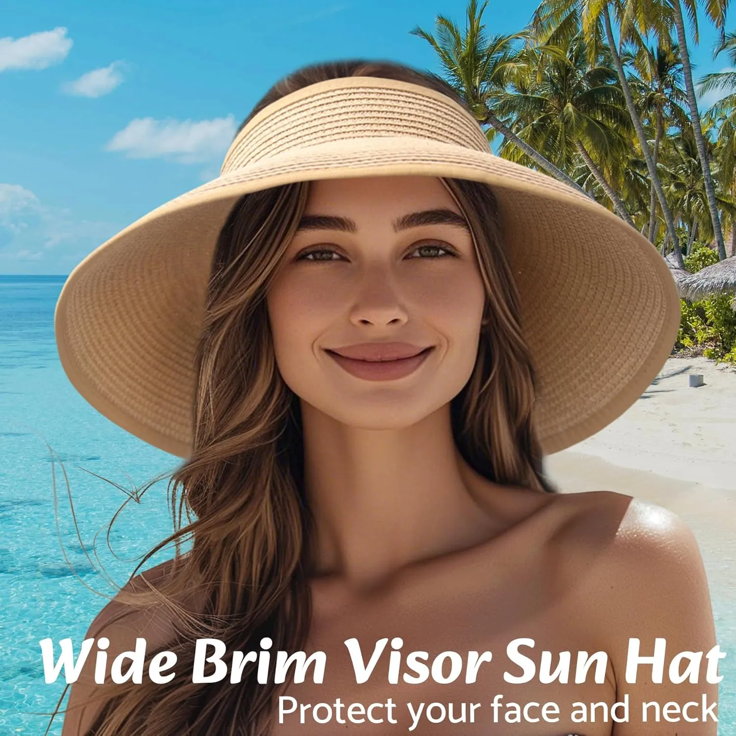 NPQQUAN Sun Visor Hats for Women Wide Brim Ponytail Straw Beach Hat Packable Foldable UPF 50  Floppy Travel Hats
