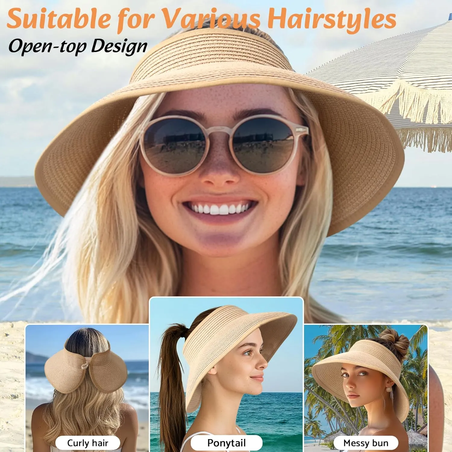 NPQQUAN Sun Visor Hats for Women Wide Brim Ponytail Straw Beach Hat Packable Foldable UPF 50  Floppy Travel Hats