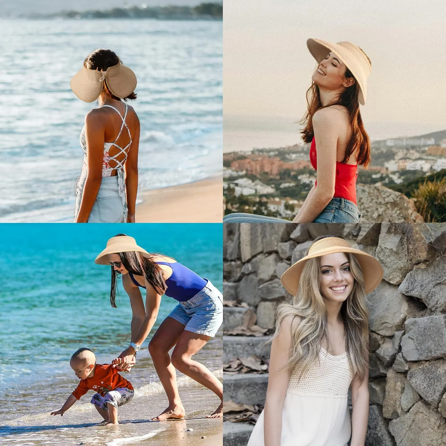 NPQQUAN Sun Visor Hats for Women Wide Brim Ponytail Straw Beach Hat Packable Foldable UPF 50  Floppy Travel Hats