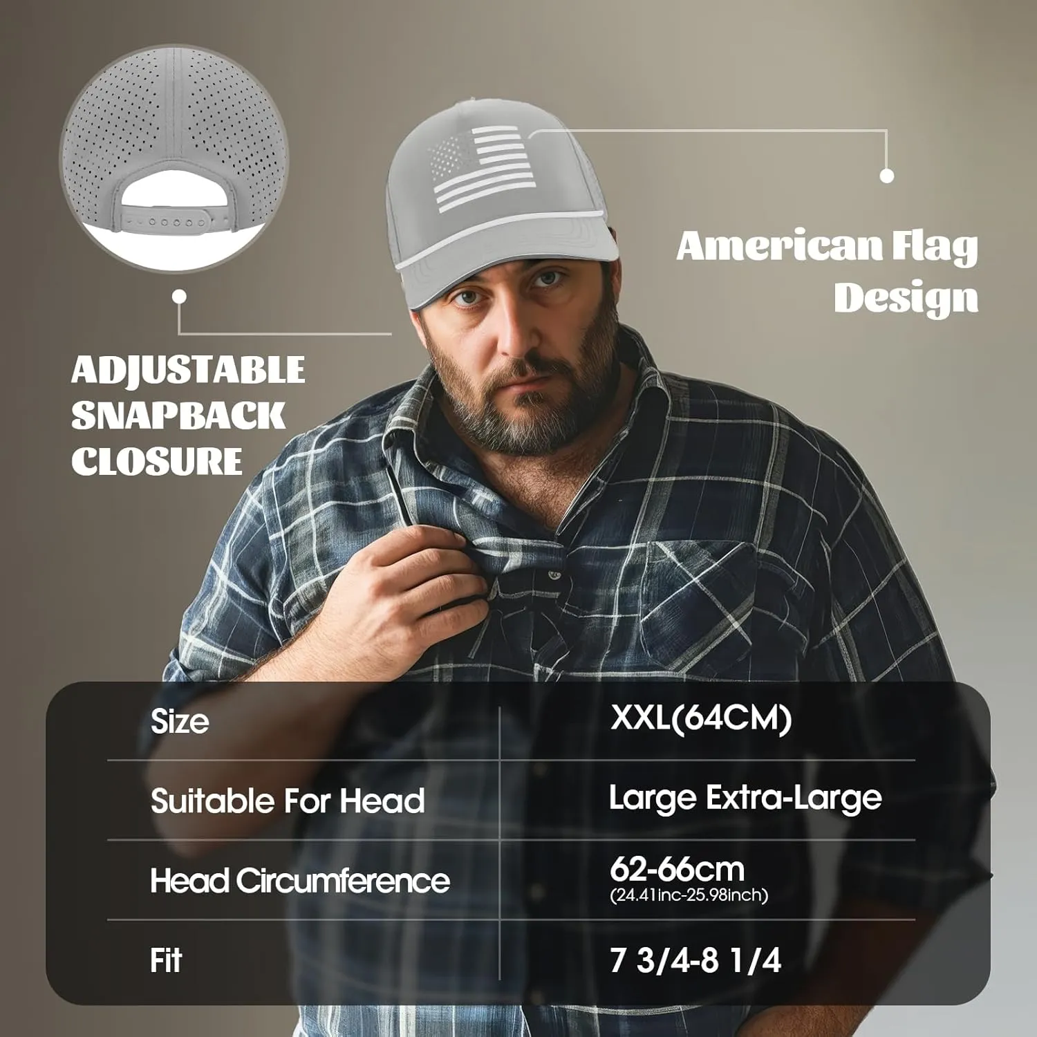 Oversize XL XXL XXXL American Flag Trucker Hat, Waterproof Quick Dry Snapback Hats, Large USA Baseball Cap for Men Big Heads
