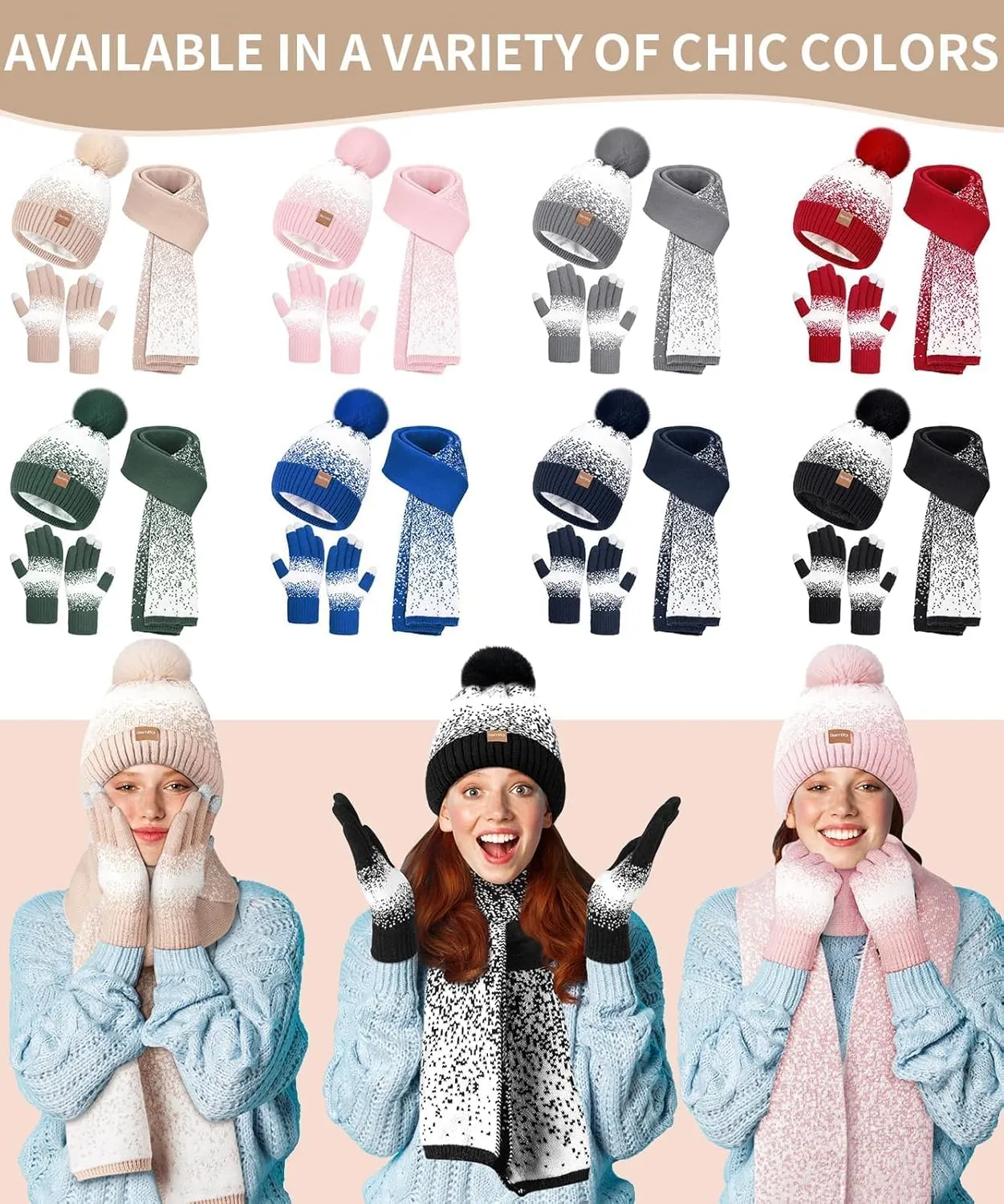 Remifa Womens Winter Beanie Hat Scarf Gloves Set, Pom Pom Warm Hat Long Knit Scarf Touchscreen Gloves 3 In 1 Valentines Gifts
