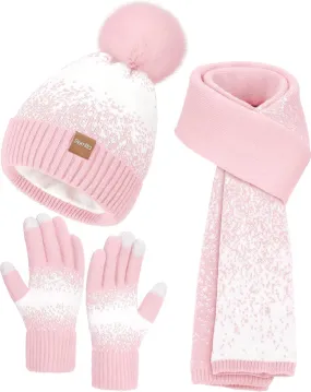 Remifa Womens Winter Beanie Hat Scarf Gloves Set, Pom Pom Warm Hat Long Knit Scarf Touchscreen Gloves 3 In 1 Valentines Gifts