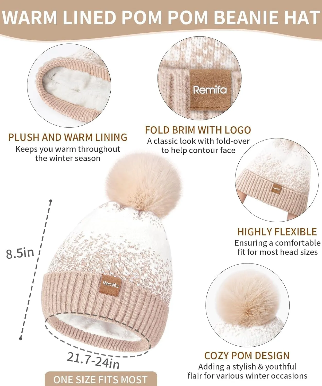 Remifa Womens Winter Beanie Hat Scarf Gloves Set, Pom Pom Warm Hat Long Knit Scarf Touchscreen Gloves 3 In 1 Valentines Gifts