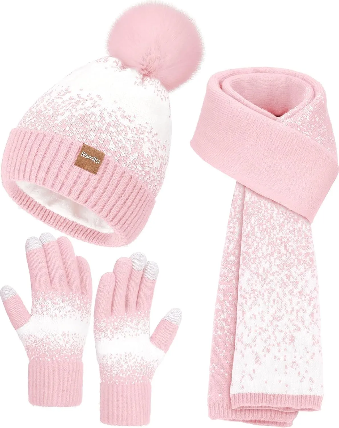 Remifa Womens Winter Beanie Hat Scarf Gloves Set, Pom Pom Warm Hat Long Knit Scarf Touchscreen Gloves 3 In 1 Valentines Gifts