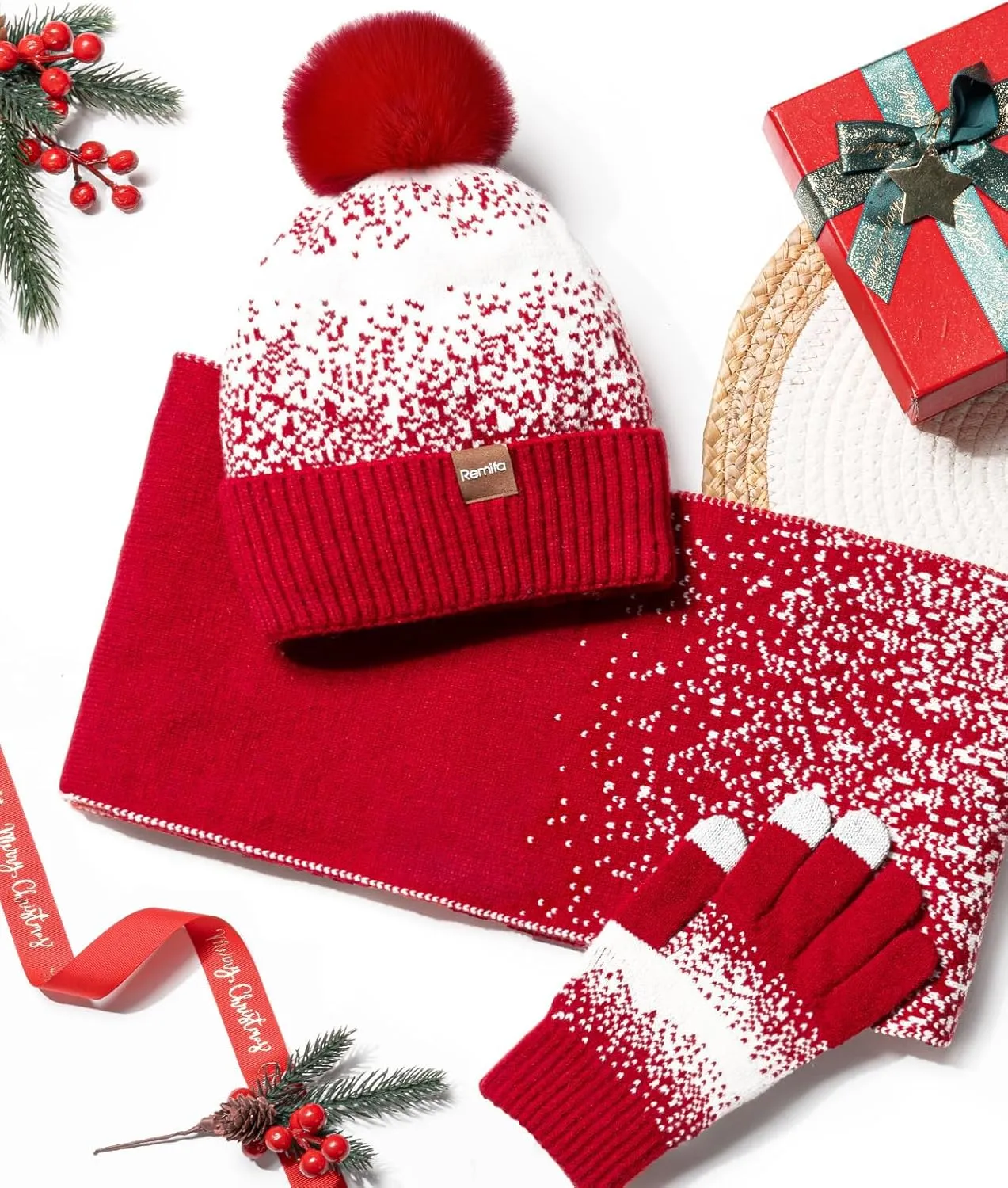 Remifa Womens Winter Beanie Hat Scarf Gloves Set, Pom Pom Warm Hat Long Knit Scarf Touchscreen Gloves 3 In 1 Valentines Gifts