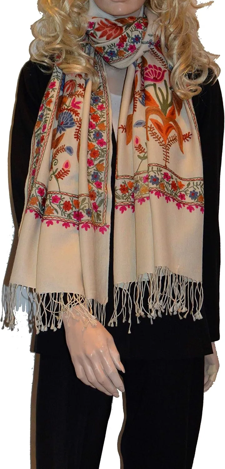 Scarf/Shawl/Fancy Shawl/Beaded Shawl/Pashmina Shawl with Crewel Embroidery (Style 4) Ivory