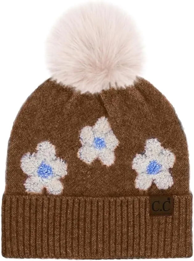 ScarvesMe Women Winter Soft Knit Daisy Floral Pattern Cuff Beanie Hat with Fur Pom