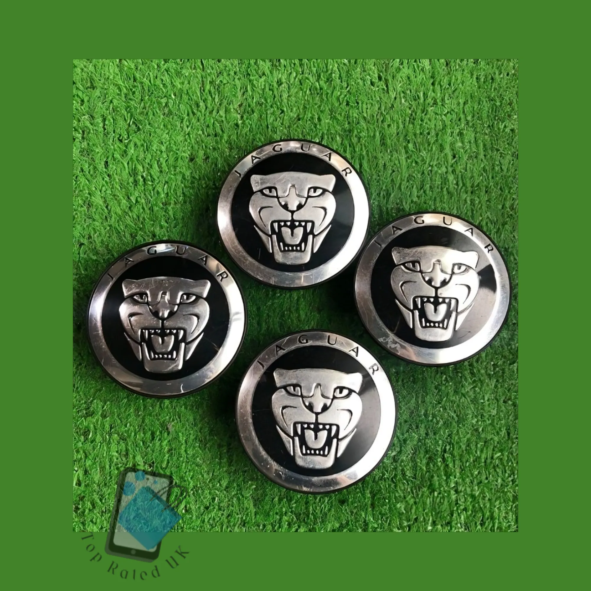 Set of 4 black Jaguar alloy wheel centre caps 59mm