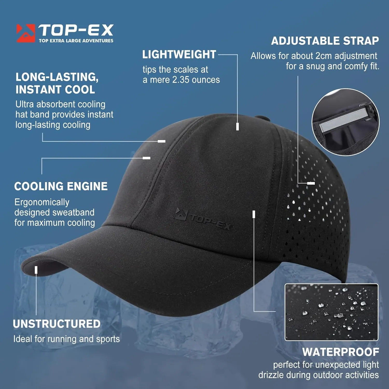 TOP-EX Oversized XL XXL Unstructured Running Breathable Mesh Quick Dry Waterproof Cooling Sweatband Baseball Caps Mens