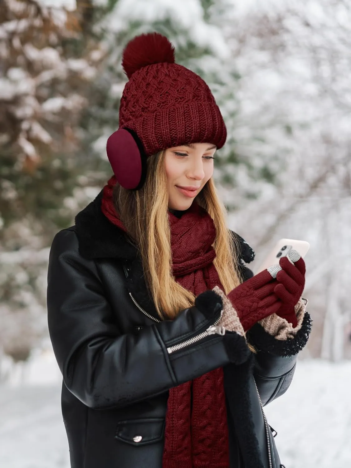 URATOT Women Winter Beanie Hat Scarf Gloves Ear Warmer 4 in 1 Set Beanie Pompom Hat Touchscreen Gloves Long Scarf Ear Warmer