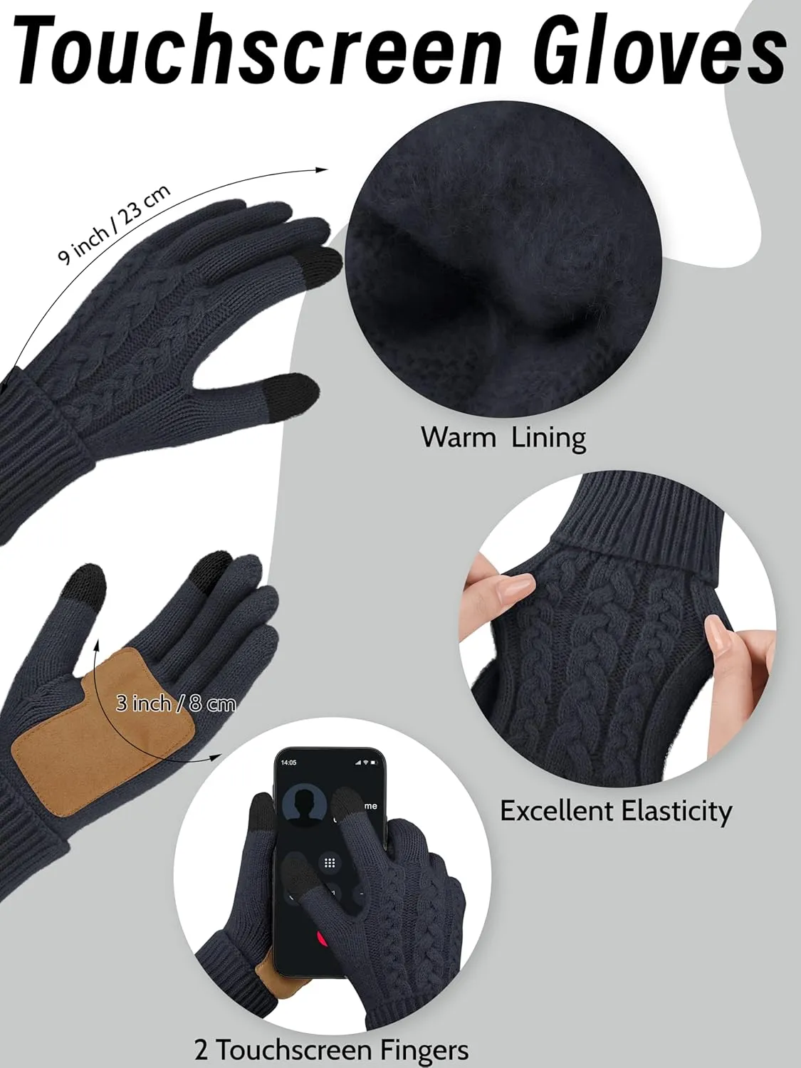 URATOT Women Winter Beanie Hat Scarf Gloves Ear Warmer 4 in 1 Set Beanie Pompom Hat Touchscreen Gloves Long Scarf Ear Warmer