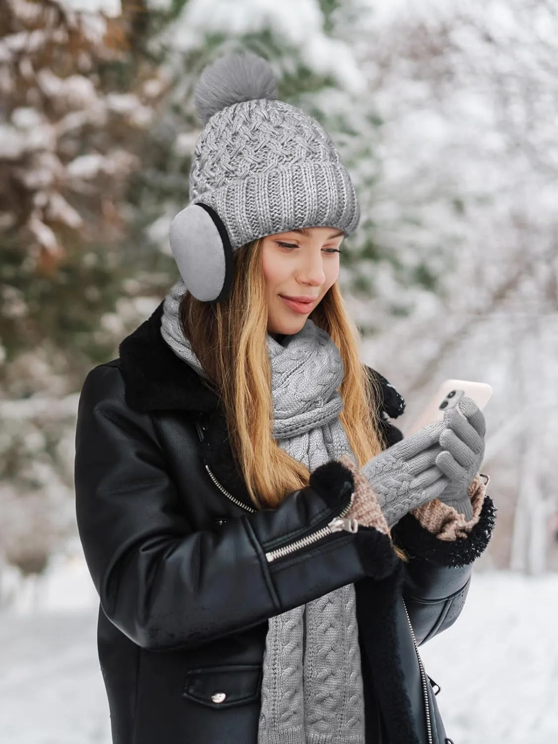 URATOT Women Winter Beanie Hat Scarf Gloves Ear Warmer 4 in 1 Set Beanie Pompom Hat Touchscreen Gloves Long Scarf Ear Warmer