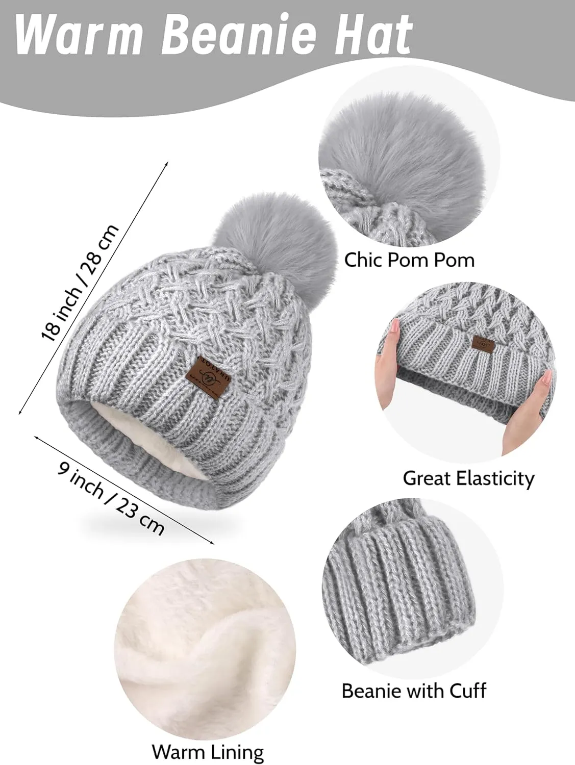 URATOT Women Winter Beanie Hat Scarf Gloves Ear Warmer 4 in 1 Set Beanie Pompom Hat Touchscreen Gloves Long Scarf Ear Warmer