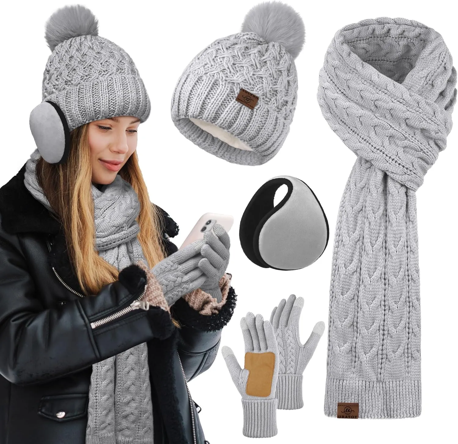 URATOT Women Winter Beanie Hat Scarf Gloves Ear Warmer 4 in 1 Set Beanie Pompom Hat Touchscreen Gloves Long Scarf Ear Warmer