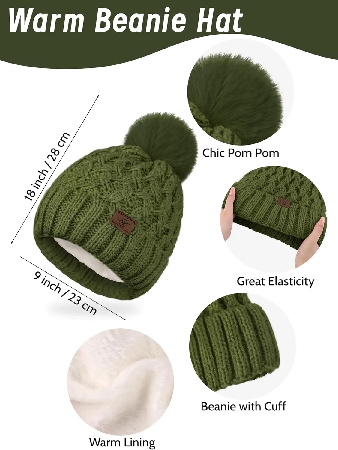 URATOT Women Winter Beanie Hat Scarf Gloves Ear Warmer 4 in 1 Set Beanie Pompom Hat Touchscreen Gloves Long Scarf Ear Warmer