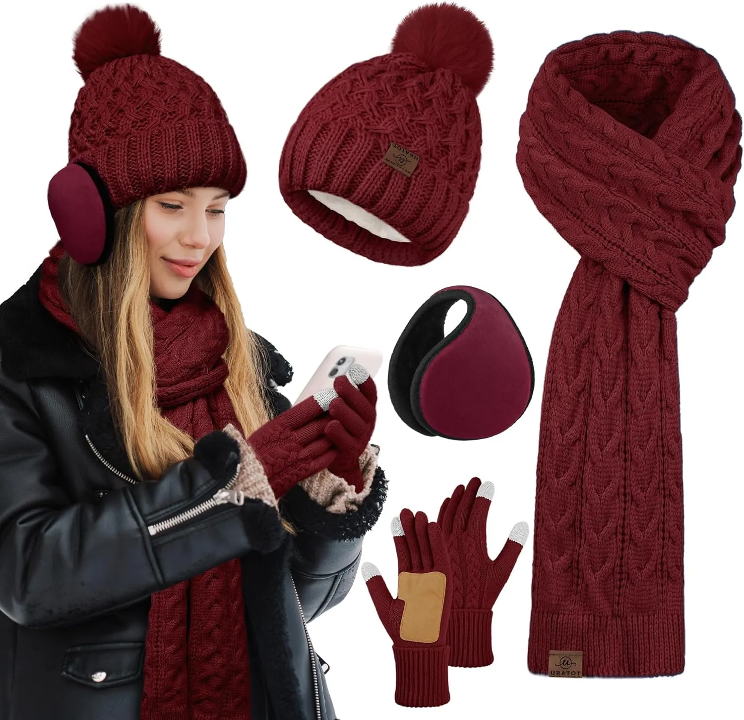 URATOT Women Winter Beanie Hat Scarf Gloves Ear Warmer 4 in 1 Set Beanie Pompom Hat Touchscreen Gloves Long Scarf Ear Warmer