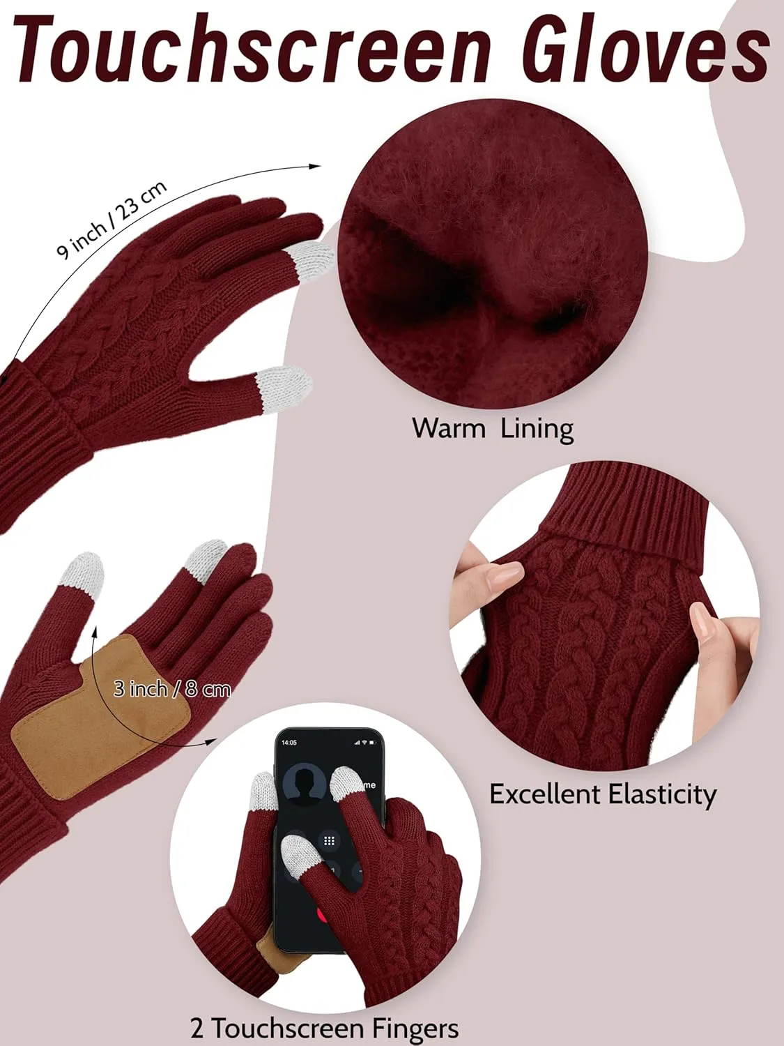 URATOT Women Winter Beanie Hat Scarf Gloves Ear Warmer 4 in 1 Set Beanie Pompom Hat Touchscreen Gloves Long Scarf Ear Warmer