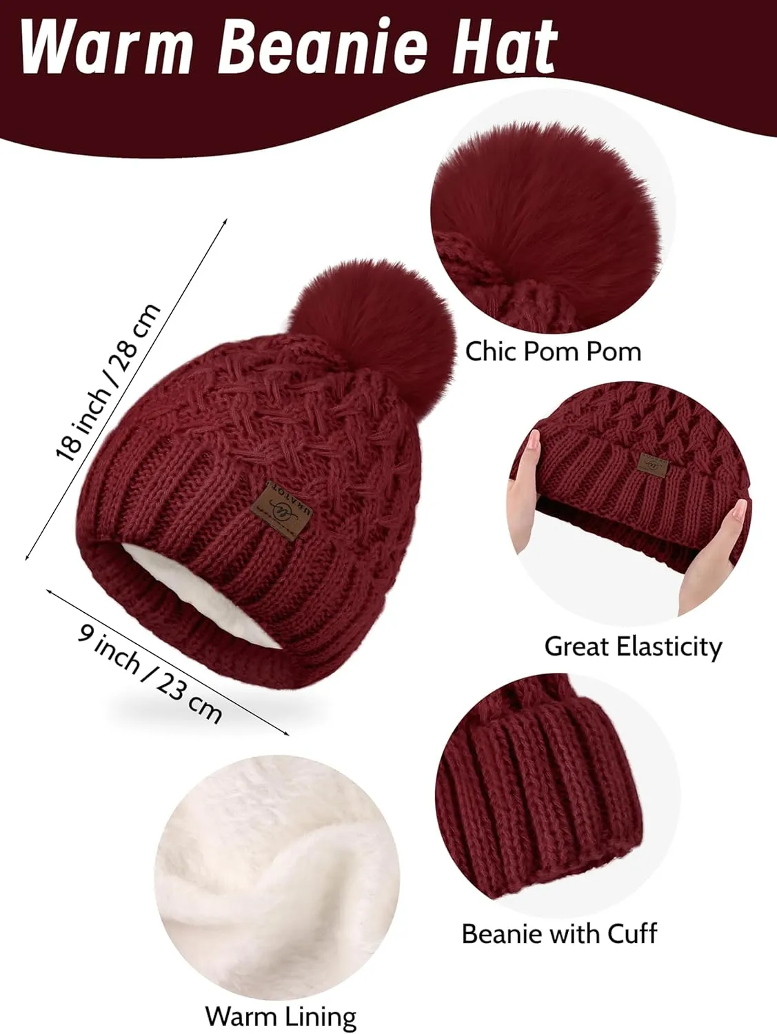 URATOT Women Winter Beanie Hat Scarf Gloves Ear Warmer 4 in 1 Set Beanie Pompom Hat Touchscreen Gloves Long Scarf Ear Warmer