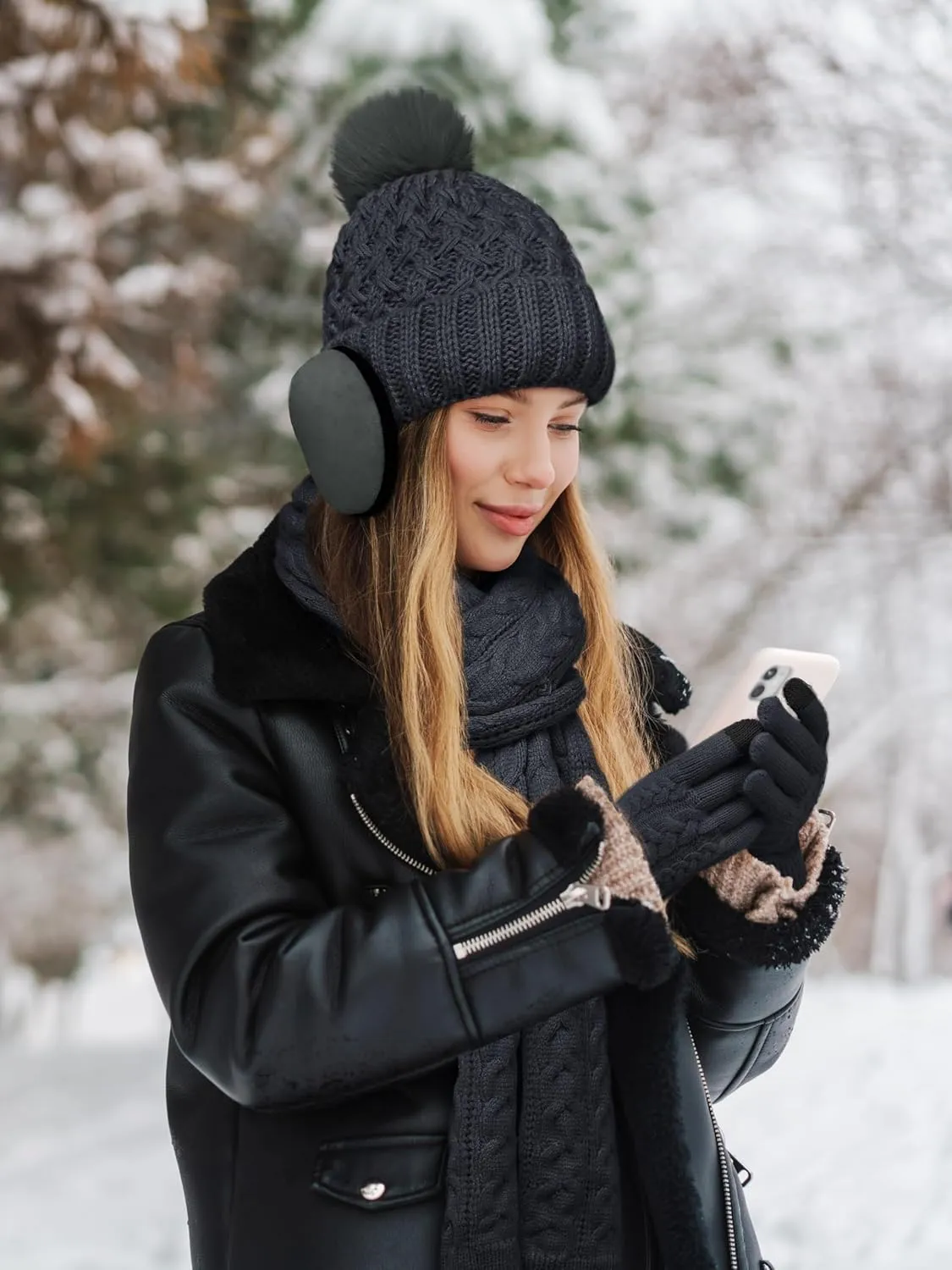 URATOT Women Winter Beanie Hat Scarf Gloves Ear Warmer 4 in 1 Set Beanie Pompom Hat Touchscreen Gloves Long Scarf Ear Warmer