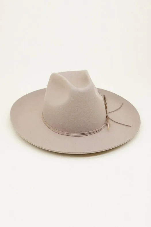 Western Cowboy Hat, 100% Wool Felt, Feather Trim, Beige