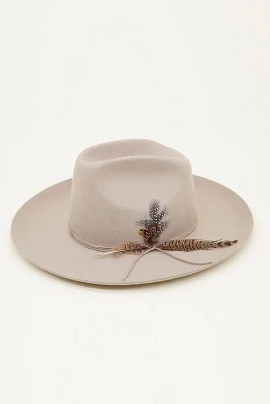 Western Cowboy Hat, 100% Wool Felt, Feather Trim, Beige