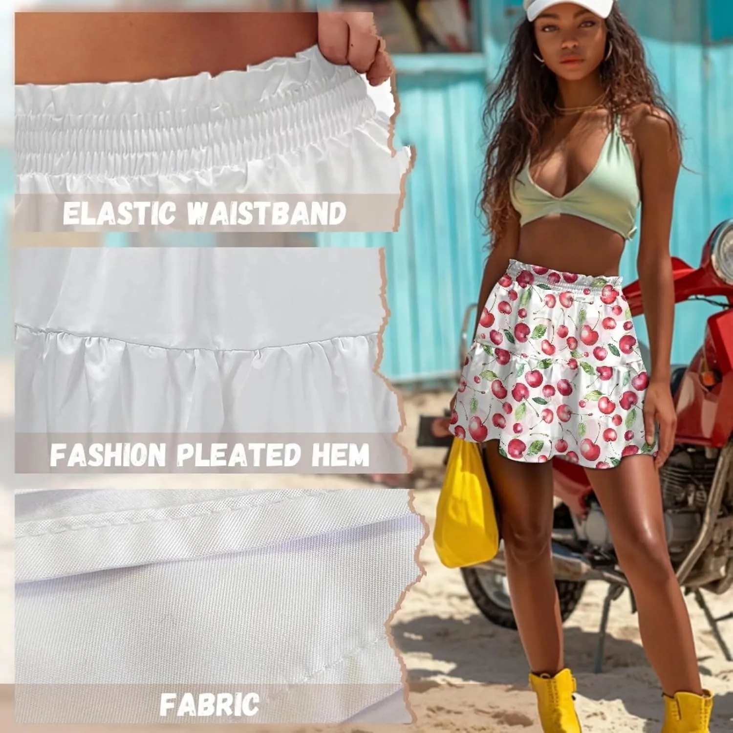 Women High Waisted Skater Skirt Stretchy Ruffle Hem Pleated Skirt Airy Soft Tennis Skirt Comfy Summer Y2k Mini Skirt