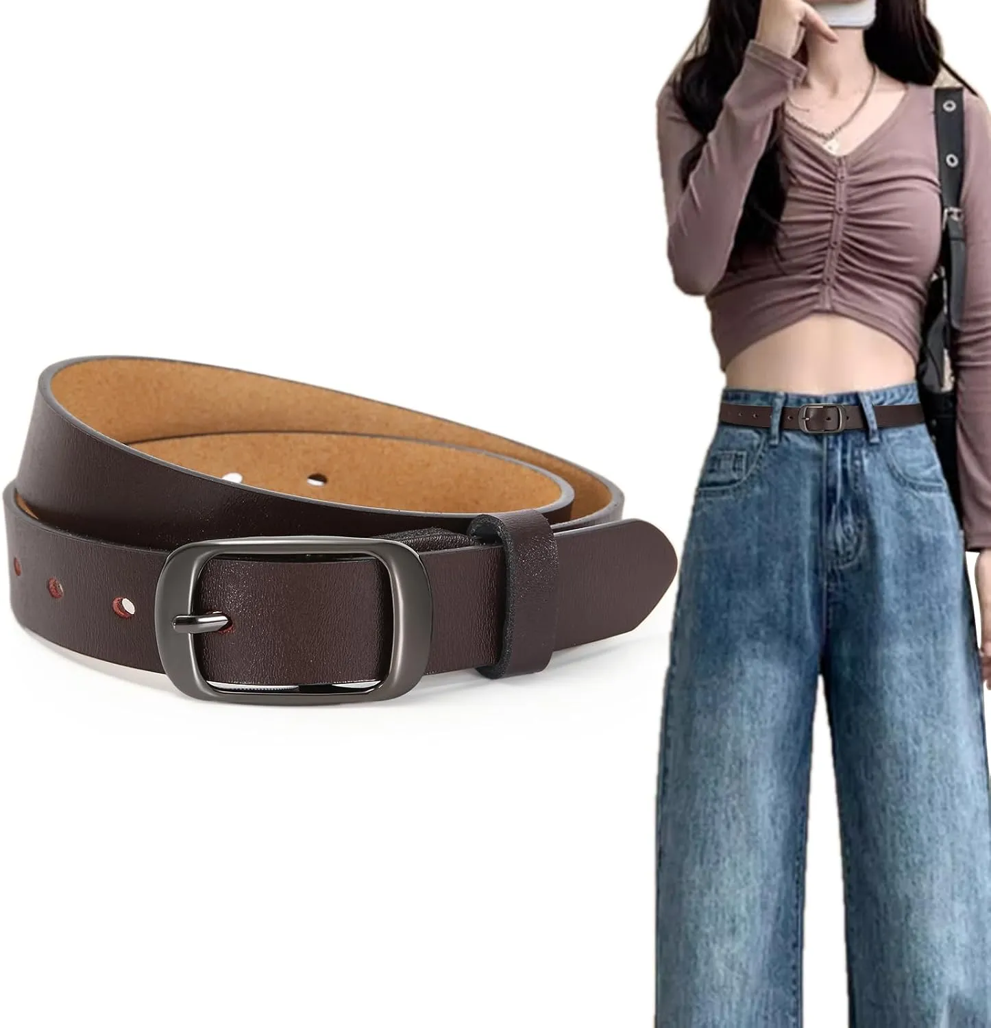 Women Leather Belts for Jeans Pants Fashion Dress Belt for Women with Solid Pin Buckle
