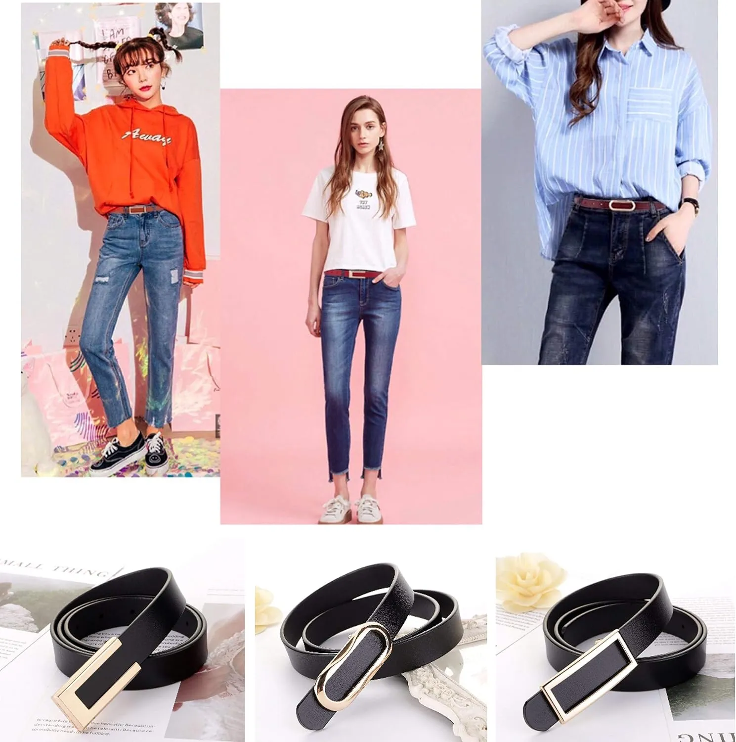 Women's Belt Genuine Leather Belts Durable Waist Belt Gold Solid Color Buckle Waistband For Pants, Jeans. Width 0.80"
