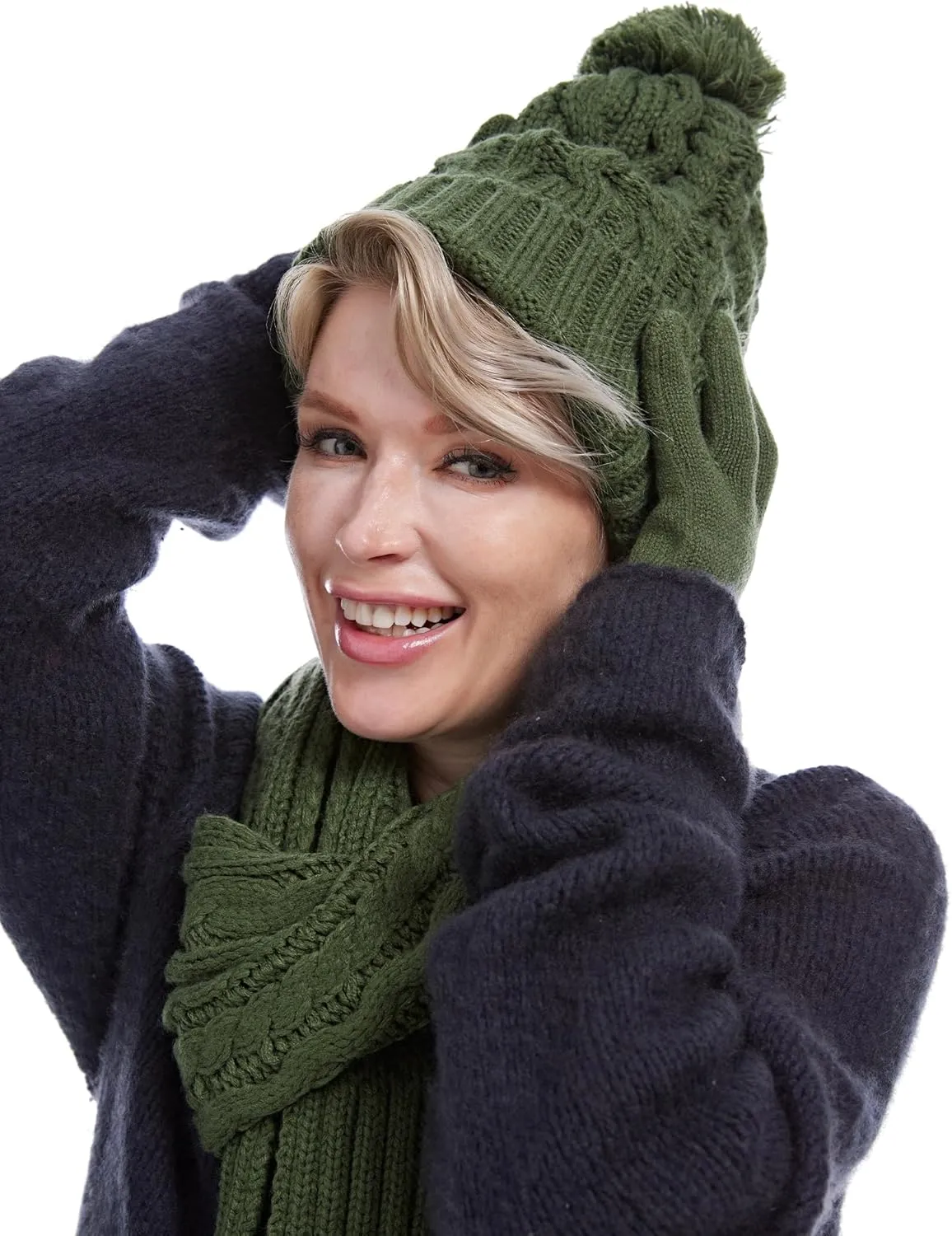 Womens Cable Knit Beanie Hat Scarf Glove Set, Fleece Lined Winter Hats Touchscreen Gloves Long Scarfs for Women