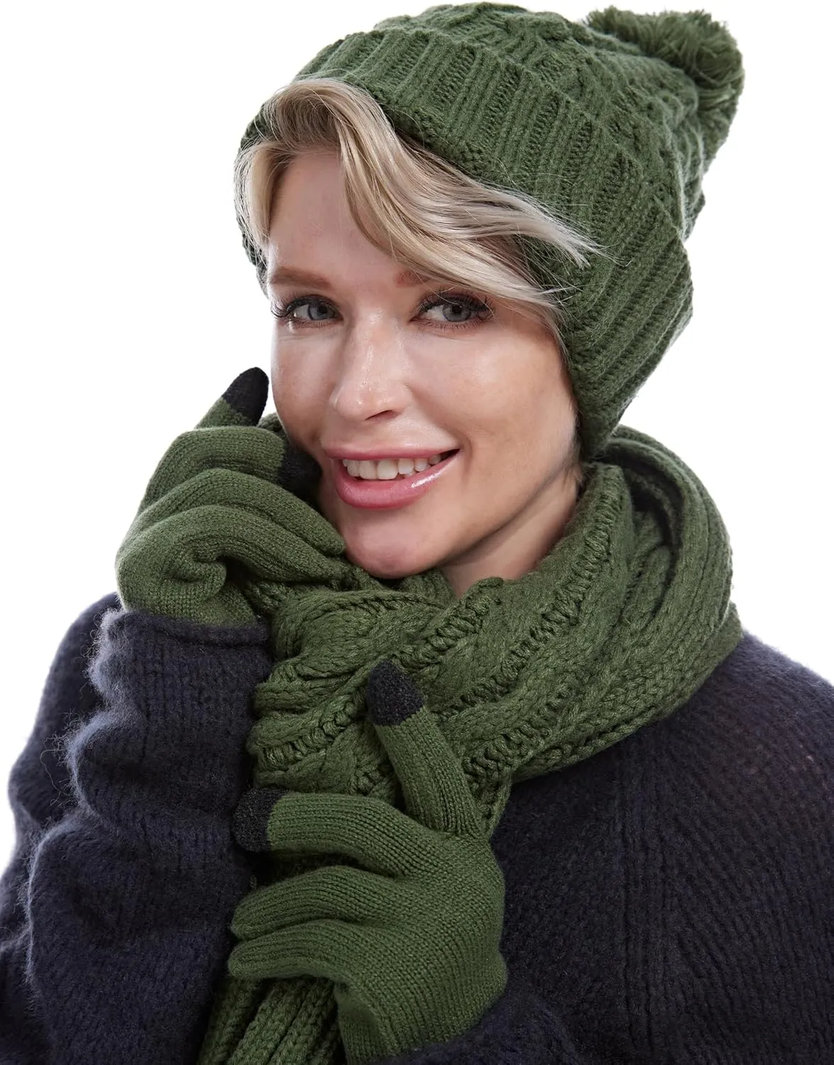 Womens Cable Knit Beanie Hat Scarf Glove Set, Fleece Lined Winter Hats Touchscreen Gloves Long Scarfs for Women