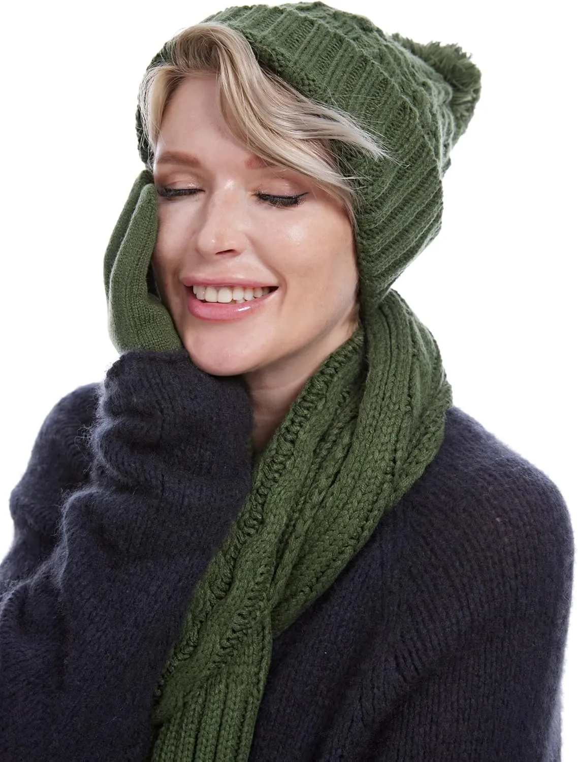 Womens Cable Knit Beanie Hat Scarf Glove Set, Fleece Lined Winter Hats Touchscreen Gloves Long Scarfs for Women