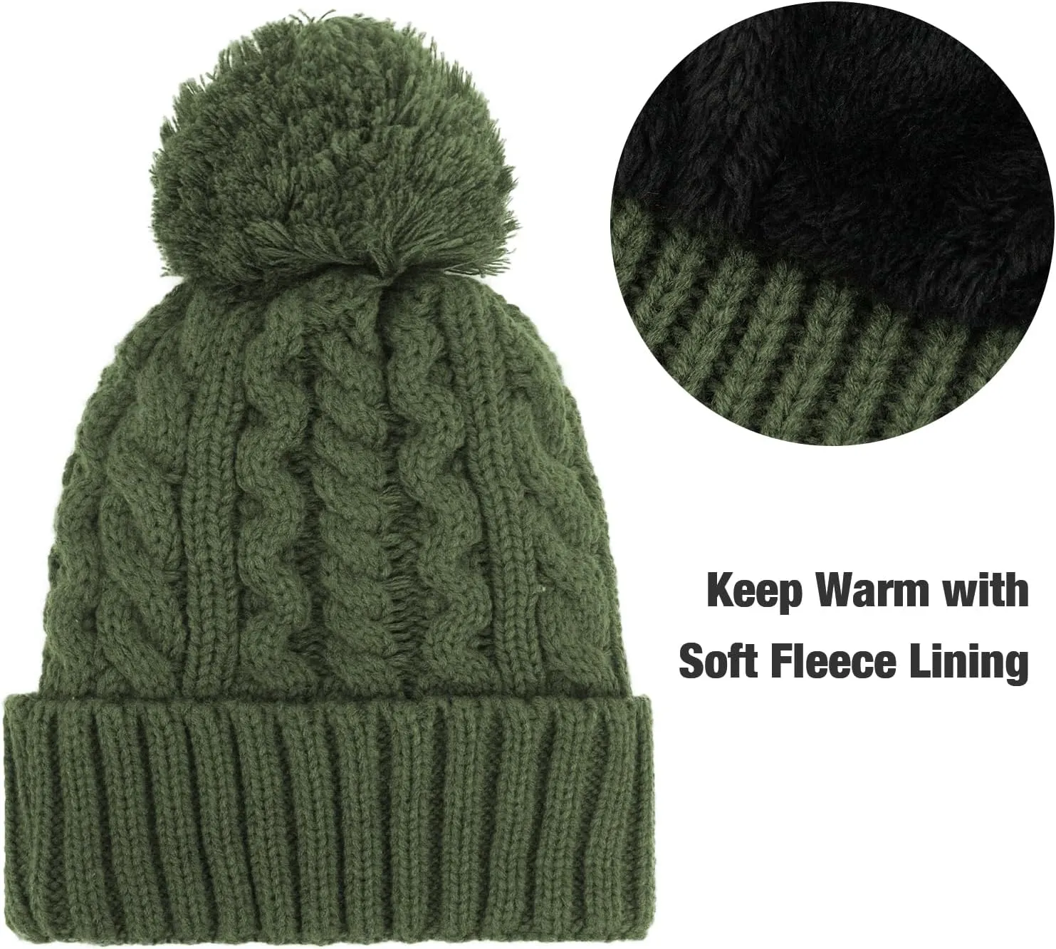 Womens Cable Knit Beanie Hat Scarf Glove Set, Fleece Lined Winter Hats Touchscreen Gloves Long Scarfs for Women