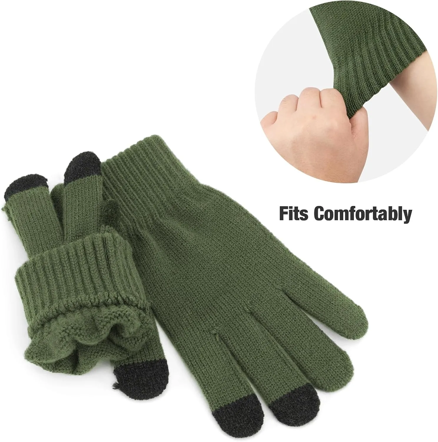 Womens Cable Knit Beanie Hat Scarf Glove Set, Fleece Lined Winter Hats Touchscreen Gloves Long Scarfs for Women