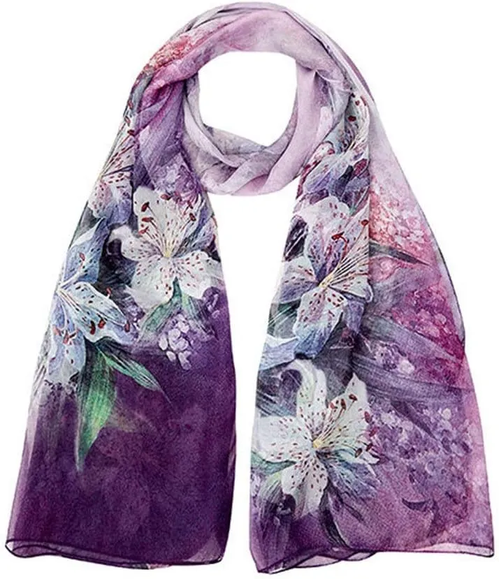 Women's Floral Scarves Digital Floral Printing Silk Scarf Shawl Long Multi-use Silk Satin Neck Scarf for Women Girls Ladies (Purple 175x110CM)