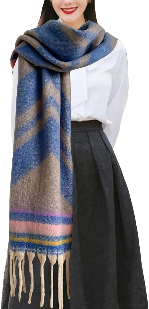 Women's Large Chunky Plaid Scarf Coloured Checked Oversized Scarf Tassel Soft Fall Winter Thick Warm Shawl