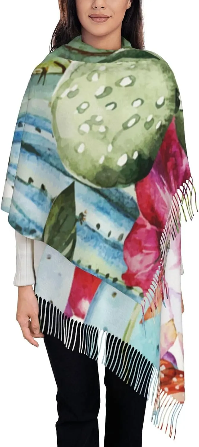 Womens Pashmina Shawl Wrap Wedding Winter Warm Large Soft Cashmere Feel Scarf, Watercolor Cactus Flower Floral