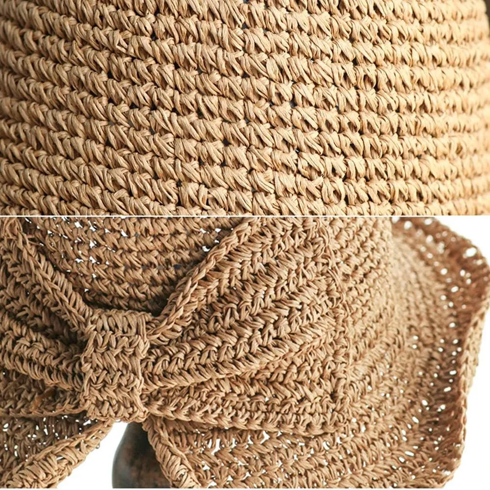 Womens Summer Sun Beach Straw Hat UPF50 Travel Foldable Wide Brim Summer UV Hat with Big Bow
