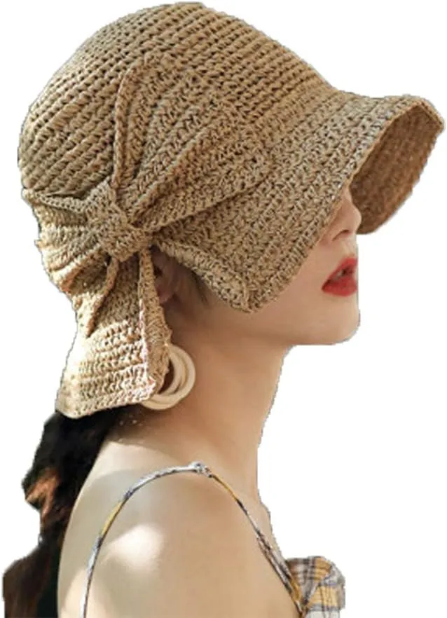 Womens Summer Sun Beach Straw Hat UPF50 Travel Foldable Wide Brim Summer UV Hat with Big Bow
