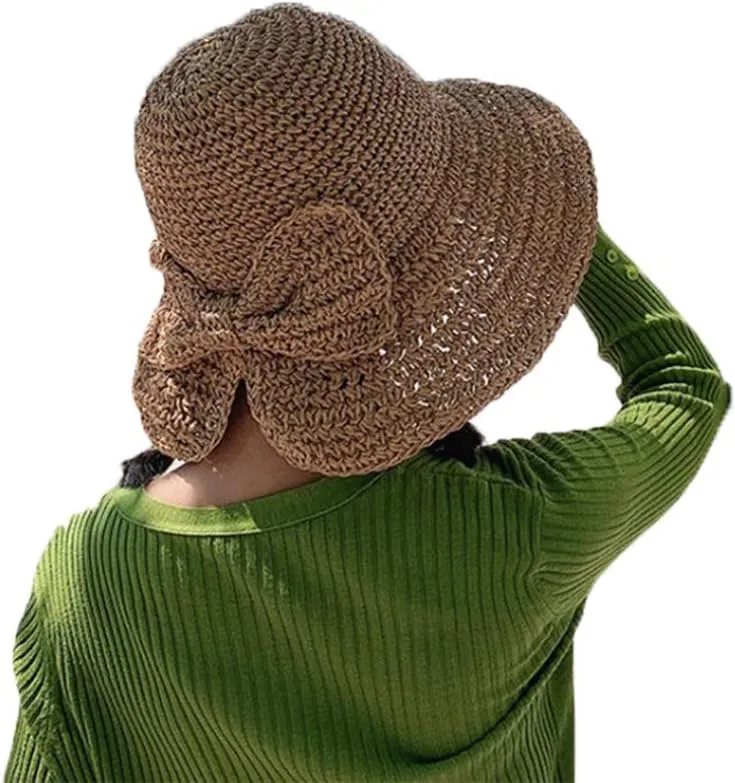 Womens Summer Sun Beach Straw Hat UPF50 Travel Foldable Wide Brim Summer UV Hat with Big Bow