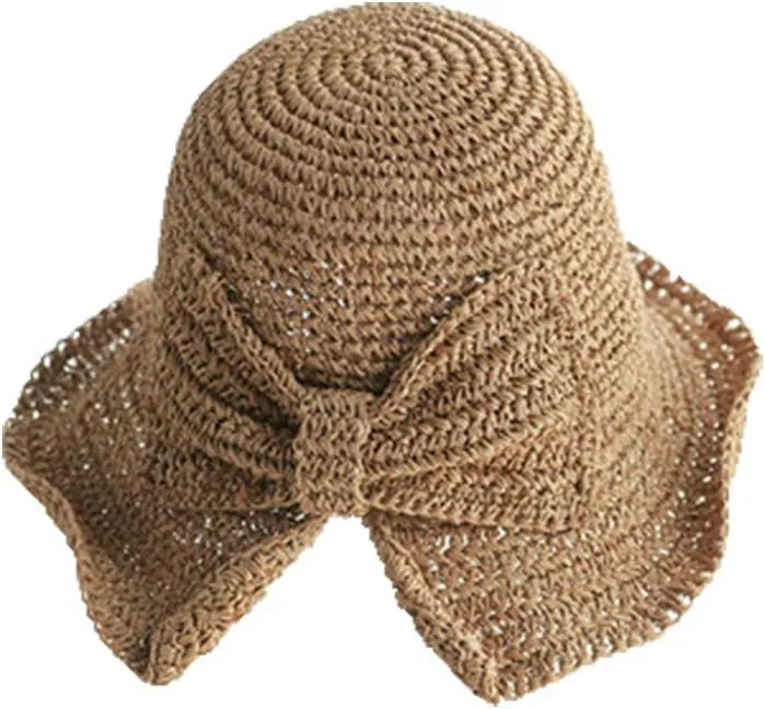 Womens Summer Sun Beach Straw Hat UPF50 Travel Foldable Wide Brim Summer UV Hat with Big Bow